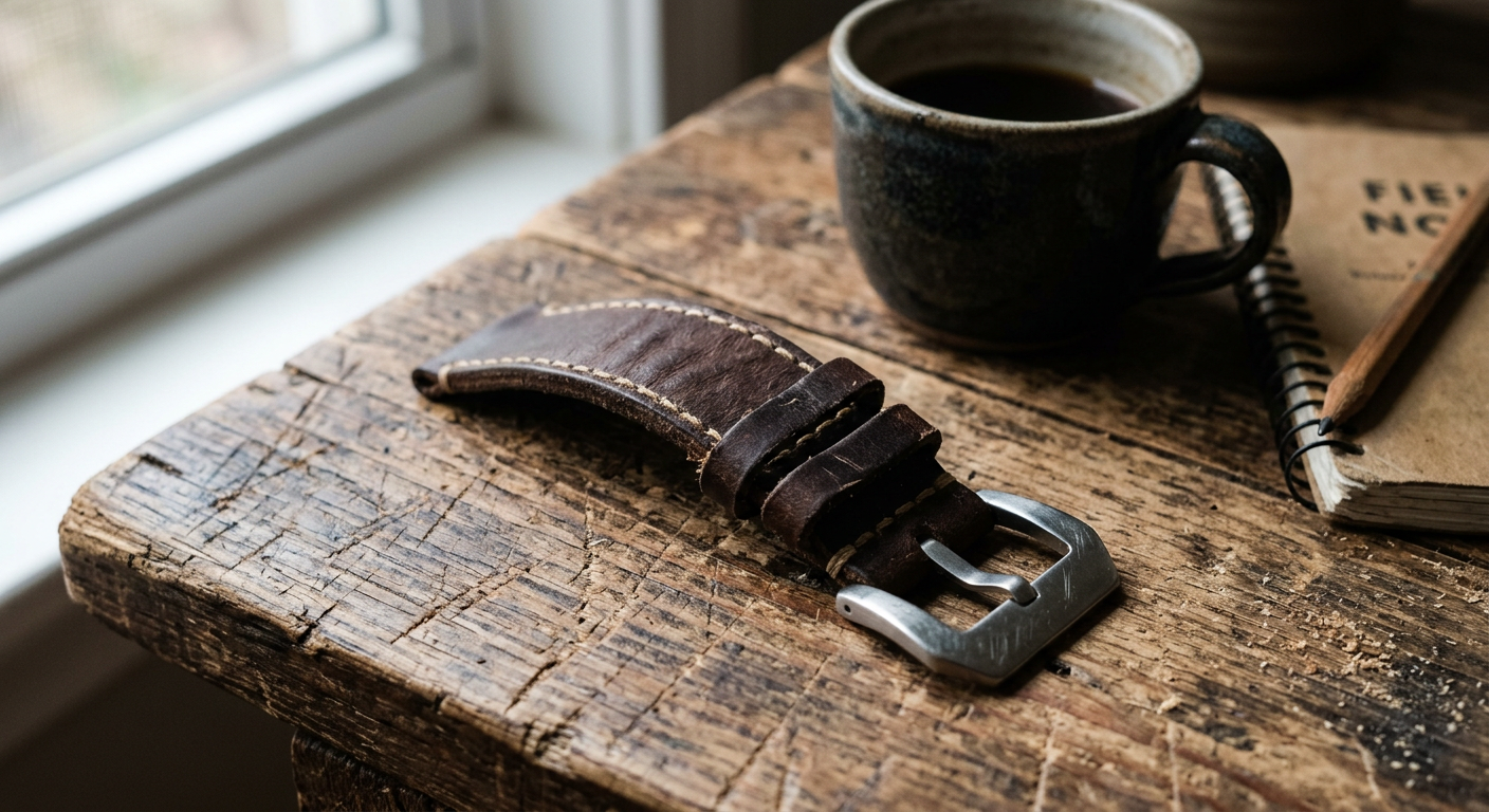 Brunt läderarmband på ett träbord med en kaffekopp och anteckningsbok i bakgrunden