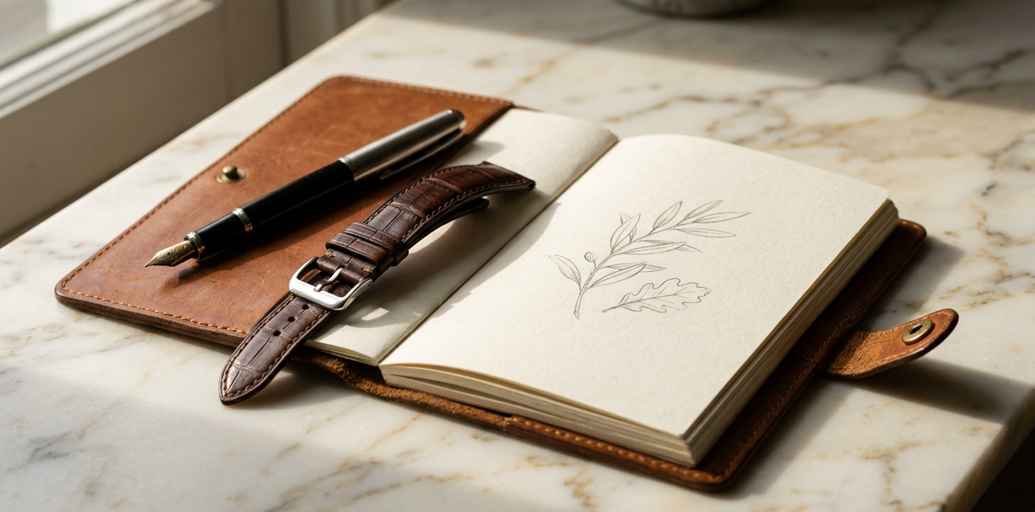 Läderblock, penna och klockarmband på marmor