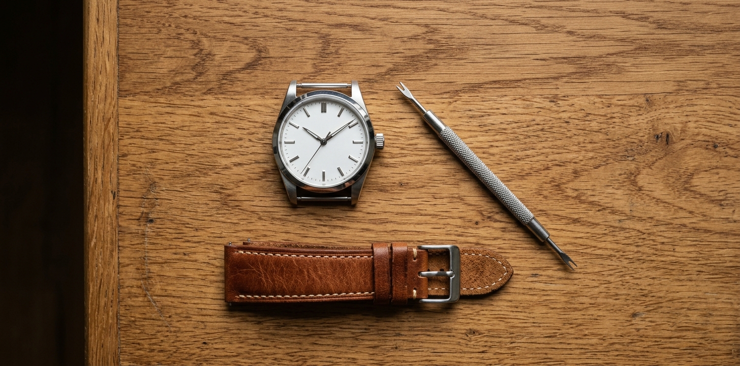 Bandstiftsverktyg och klocka på träyta