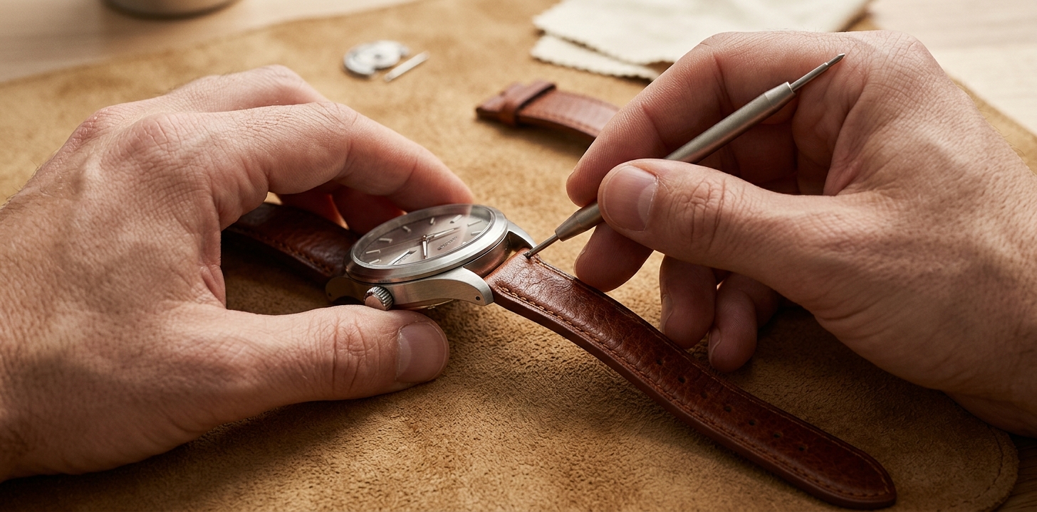 Händer som tar bort klockarmband med bandstiftsverktyg