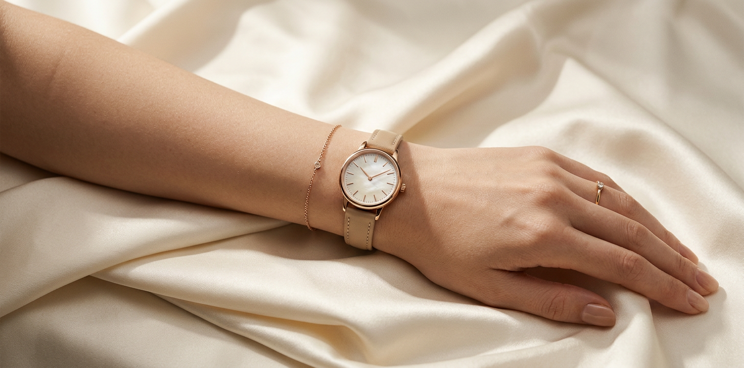 Elegant damklocka med ljust läderarmband på handled