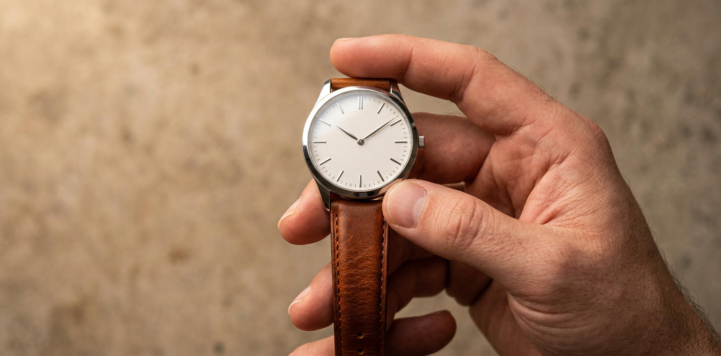 Hand som håller en klocka och granskar den noga