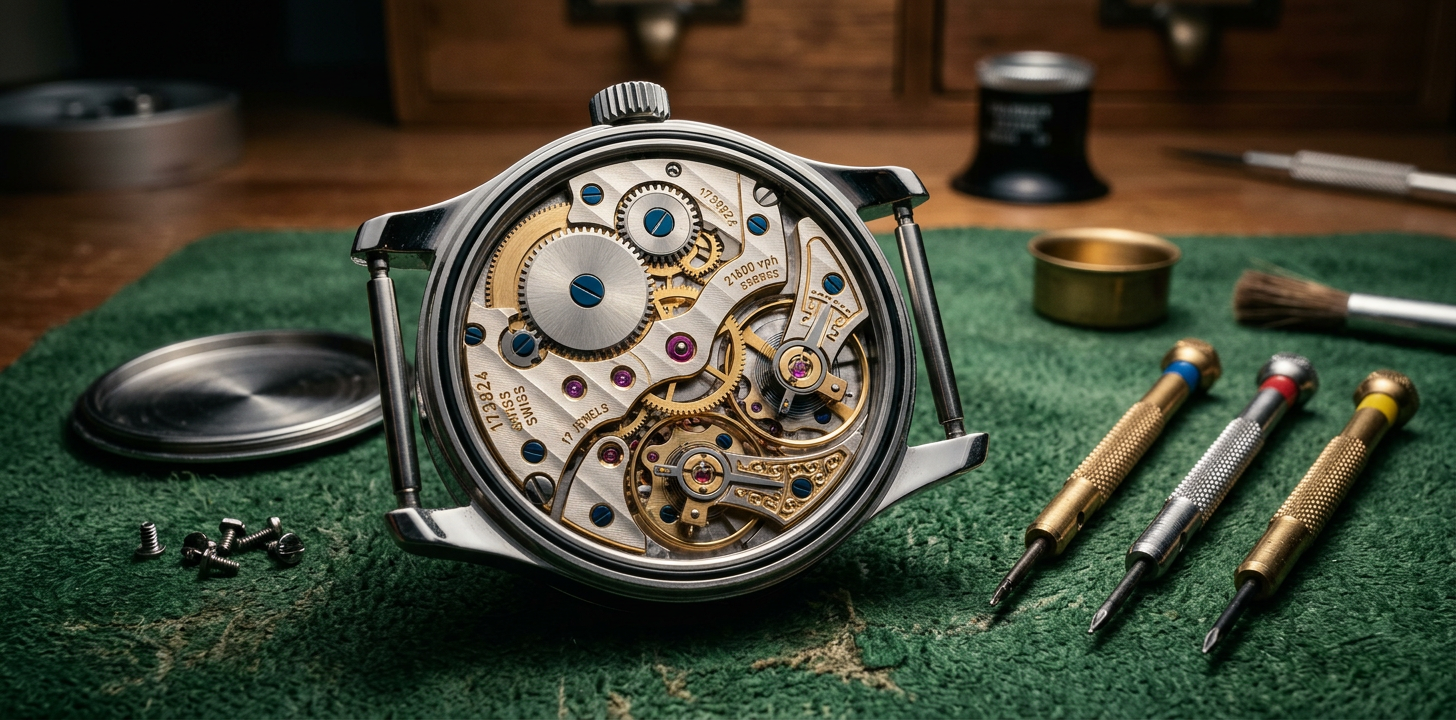 Klocka på urmakarbänk med serviceverktyg