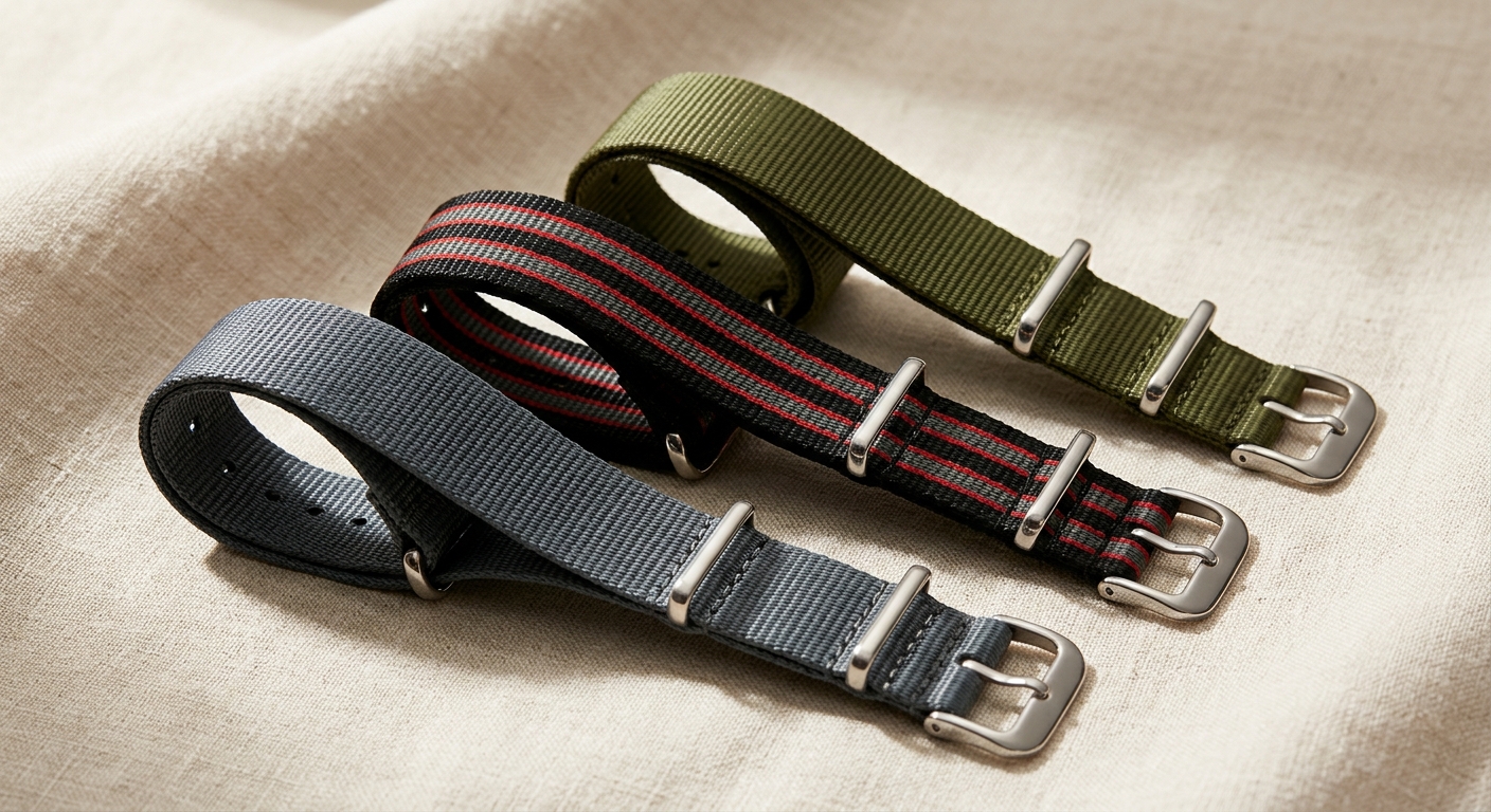 Tre NATO-band i nylon med metallringar på linnetyg