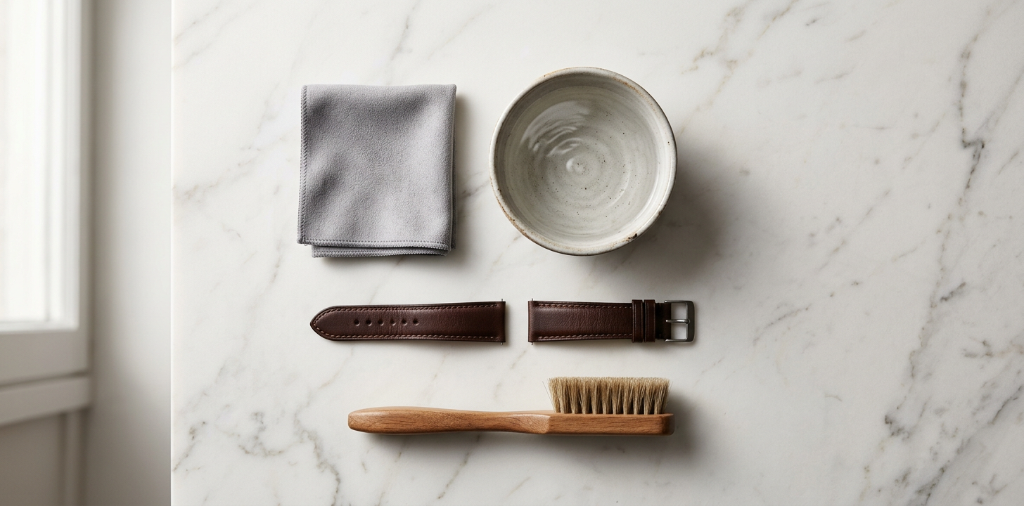 Rengöringstillbehör för klocka upplagda på marmor