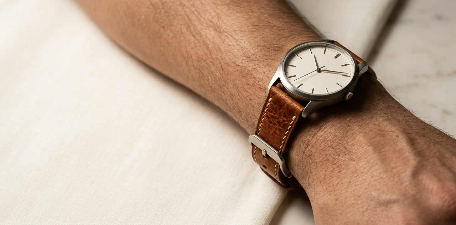 Hand som håller i räcket på en lyxyacht med ett cognacfärgat läderarmband på handleden